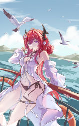 Rule 34 | 1girl, :o, absurdres, arknights, bikini, bird, black bikini, blue sky, breasts, cai yuan, cherry, cleavage, cloud, cloudy sky, cowboy shot, detached sleeves, food, fruit, hair ornament, highres, horns, long hair, medium breasts, navel, ocean, official alternate costume, purple eyes, red hair, seagull, sky, solo, star (symbol), star hair ornament, surtr (arknights), surtr (colorful wonderland) (arknights), swimsuit, swimsuit cover-up, thigh strap