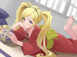 Rule 34 | 1girl, barefoot, blonde hair, blush, breasts, emily stewart, feet, feet up, head rest, idolmaster, idolmaster million live!, indoors, japanese clothes, kimono, looking at viewer, lying, on stomach, purple eyes, red kimono, small breasts, soles, solo, tatami, the pose, toes, yoropa