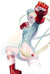 Rule 34 | 1girl, ass, blonde hair, boots, breasts, cammy white, capcom, cofffee, fingerless gloves, gloves, hat, leotard, long sleeves, street fighter, thong leotard