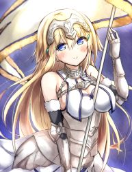 Rule 34 | 1girl, bare shoulders, blonde hair, blue eyes, blush, breasts, cleavage, fate/apocrypha, fate/grand order, fate (series), flag, gauntlets, helmet, jeanne d&#039;arc (fate), jeanne d&#039;arc (ruler) (fate), jeanne d&#039;arc (third ascension) (fate), long hair, looking at viewer, ohitashi netsurou, smile, solo