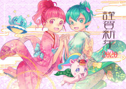 Rule 34 | 2020, 2girls, alien, alternate hairstyle, blunt bangs, commentary, egasumi, english commentary, floating, floral print, furisode, fuwa (precure), green eyes, green kimono, hagoromo lala, hair up, half updo, happy new year, holding hands, hoshina hikaru, interlocked fingers, japanese clothes, jj (ssspulse), kimono, leaning forward, legs up, long sleeves, looking at viewer, multiple girls, new year, obi, open mouth, pink eyes, pink hair, pink kimono, pointy ears, ponytail, precure, print kimono, prunce (precure), sash, seigaiha, short hair, smile, star-shaped pupils, star (symbol), star twinkle precure, symbol-shaped pupils, translated, unicorn, wide sleeves