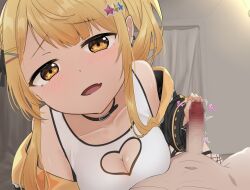 Rule 34 | 1girl, blonde hair, breasts, choker, cleavage, cleavage cutout, clothed female nude male, clothing cutout, fang, glansjob, hair ornament, hololive, looking at viewer, medium breasts, nude, open mouth, virtual youtuber, yellow eyes, yozora mel, yozora mel (streetwear), yukidaruma718