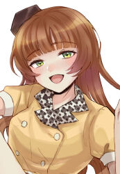 Rule 34 | 1girl, alternate costume, black hat, blunt bangs, brown hair, commentary request, garrison cap, green eyes, hagioshi, hat, helena (kancolle), highres, kantai collection, long hair, open mouth, shirt, simple background, smile, solo, unmoving pattern, upper body, white background, yellow shirt