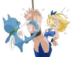 Rule 34 | 1boy, 1girl, barefoot, blue cat, blue skirt, happy (fairy tail), highres, lucy heartfilia, multicolored shirt, pawfeather, skirt, soles, tail, tickle torture, tickling, toes, wings