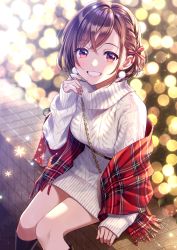 Rule 34 | 1girl, blurry, blurry background, blush, braid, brown hair, commentary request, depth of field, dress, hair ribbon, hand up, highres, jewelry, long sleeves, looking at viewer, morikura en, original, ribbon, short hair, sitting, sleeves past wrists, smile, solo, sweater, sweater dress