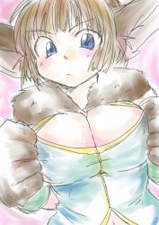 Rule 34 | 1girl, animal ears, animal hands, arms up, bad id, bad pixiv id, blue eyes, blush, breasts, brown hair, chrono cross, cleavage, cleavage cutout, clothing cutout, eyebrows, female focus, fur, janice, janice (chrono cross), jewelry, large breasts, looking at viewer, monster girl, navel, pink background, rabbit ears, ryuuzaki victorias mochi, short hair, simple background, solo, tail, upper body