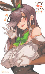 Rule 34 | 1girl, absurdres, animal ears, bare shoulders, blush, bow, bowtie, breasts, brown eyes, brown hair, covered erect nipples, elbow gloves, european hare (kemono friends), extra ears, fur-trimmed sleeves, fur collar, fur trim, furrowed brow, gloves, grabbing own breast, grey hair, hair bow, hair over one eye, hand up, heart, high-waist skirt, highres, huge breasts, iparupua, kemono friends, long bangs, long hair, looking at viewer, multicolored hair, off-shoulder shirt, off shoulder, ok sign, open mouth, rabbit ears, shirt, skirt, smile, solo, sweat, two-tone hair, upper body