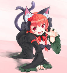 Rule 34 | 1girl, all fours, animal ear fluff, animal ears, blush, braid, cat ears, cat tail, chachaneko, cum, cum in mouth, cum on hands, facial, full body, hand up, kaenbyou rin, long hair, looking at viewer, multiple tails, nekomata, open mouth, red eyes, red hair, simple background, solo, tail, teeth, tongue, tongue out, touhou, twin braids, twintails, two tails, wide sleeves