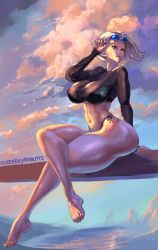 Rule 34 | 1girl, android 18, arched back, artist name, ass, bare legs, belt, blonde hair, blue eyes, breasts, cleavage, collarbone, curvy, cutesexyrobutts, dragon ball, dragonball z, eyewear on head, female focus, highres, hip focus, huge ass, jewelry, large breasts, midriff, navel, nipples, shiny skin, signature, sitting, sky, smile, solo, stomach, sunglasses, swimsuit, thick thighs, thighs, thong, wide hips