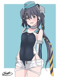 Rule 34 | 1girl, absurdres, aqua hat, black one-piece swimsuit, black ribbon, blue background, competition swimsuit, garrison cap, gloves, grey eyes, grey hair, hair ornament, hair ribbon, hat, highleg, highleg swimsuit, highres, kantai collection, long hair, multicolored clothes, multicolored swimsuit, noruren, one-piece swimsuit, ribbon, scamp (kancolle), short shorts, shorts, side ponytail, solo, star (symbol), star hair ornament, swimsuit, white background, white gloves, white shorts