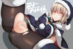 Rule 34 | 10s, 1girl, 2015, anus, artoria pendragon (all), artoria pendragon (fate), ass, bad id, bad pixiv id, black pantyhose, black santa costume, blonde hair, blush, breasts, cameltoe, capelet, censored, christmas, cleft of venus, fate/grand order, fate/stay night, fate (series), female focus, female pubic hair, hair over one eye, hat, kurowa, large breasts, light brown hair, looking at viewer, lying, mosaic censoring, no panties, on back, pantyhose, parted lips, pubic hair, purple eyes, pussy, saber (fate), saber alter, santa alter, santa costume, santa hat, short hair, smile, solo, spread legs, sweat, thighhighs, thighhighs over pantyhose, torn clothes, torn legwear, yellow eyes