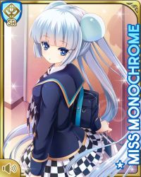 Rule 34 | 1girl, :o, blue eyes, blue jacket, blunt bangs, card, character name, checker pattern, closed mouth, day, from behind, girlfriend (kari), indoors, jacket, miss monochrome, miss monochrome (character), necktie, official art, qp:flapper, school, school uniform, shirt, skirt, solo, tagme, thighhighs, twintails, white footwear, white hair, white shirt