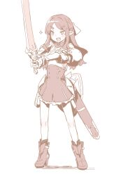 Rule 34 | 1girl, akari (raigou), alternate hairstyle, boots, elf, fang, high heel boots, high heels, highres, holding, holding sword, holding weapon, open mouth, original, pointy ears, raigou, sepia, sheath, solo, sparkle, sword, thick eyebrows, unsheathed, weapon