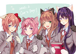 Rule 34 | :d, absurdres, animal ear fluff, animal ears, animal hands, averting eyes, blazer, blue eyes, blush, book, bow, bowtie, breasts, brown hair, brown sweater vest, cat ears, cat tail, closed mouth, commentary, crossed arms, dated, doki doki literature club, dress shirt, ears down, english text, expressionless, flying sweatdrops, green background, green eyes, grey jacket, hair bow, hair intakes, hair ornament, hair over shoulder, hair ribbon, hairclip, hands on another&#039;s shoulders, height difference, highres, holding, holding book, jacket, kemonomimi mode, large breasts, long hair, looking ahead, looking at viewer, monika (doki doki literature club), nashifuji kurumi, natsuki (doki doki literature club), neck ribbon, nose blush, one eye closed, open clothes, open jacket, open mouth, outside border, parted lips, pink eyes, pink hair, ponytail, purple eyes, purple hair, red bow, red bowtie, red ribbon, ribbon, sayori (doki doki literature club), school uniform, shirt, short hair, sidelocks, small breasts, smile, sweater vest, swept bangs, tail, two side up, upper body, very long hair, white background, white bow, white shirt, x hair ornament, yuri (doki doki literature club)