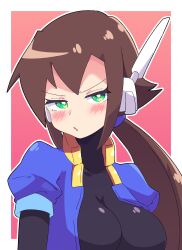 Rule 34 | 1girl, absurdres, aile (mega man zx), black bodysuit, blush, bodysuit, breasts, brown hair, buzzlyears, cropped jacket, female focus, green eyes, heart, highres, jacket, large breasts, layered sleeves, long hair, mega man (series), mega man zx, mega man zx advent, navel, open clothes, open jacket, ponytail, robot ears, tagme
