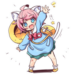 Rule 34 | 1girl, :3, :d, ahoge, animal ear fluff, animal ears, arm up, bag, blue eyes, blue shirt, blush stickers, bobby socks, bow, cat ears, cat girl, cat tail, commentary request, fang, full body, green skirt, hat, kindergarten bag, kindergarten uniform, kuwada yuuki, loafers, long sleeves, notice lines, open mouth, original, pink hair, plaid, plaid skirt, puffy long sleeves, puffy sleeves, red bow, school hat, shadow, shirt, shoes, skirt, smile, socks, solo, standing, star (symbol), tail, tail raised, translation request, unmoving pattern, white background, white socks, yellow footwear, yellow hat