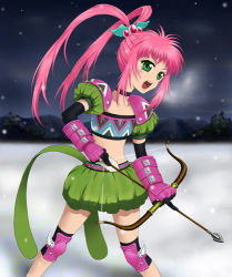Rule 34 | 1girl, arrow (projectile), bow (weapon), chelsea torn, choker, elbow gloves, gloves, green eyes, knee pads, long hair, lowres, midriff, night, open mouth, pink hair, snow, tales of (series), tales of destiny, weapon