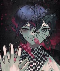 Rule 34 | 2boys, black background, black hair, black jacket, blood, broken mirror, brown eyes, buttons, checkered clothes, checkered scarf, closed mouth, danganronpa (series), danganronpa v3: killing harmony, evil smile, grey background, hand on mirror, hand up, hwang (h751073), jacket, looking at viewer, male focus, mirror, multiple boys, oma kokichi, pink blood, portrait, purple eyes, purple hair, saihara shuichi, scarf, smile, striped clothes, striped jacket, white jacket