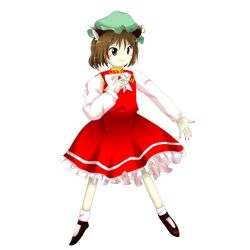Rule 34 | animal ears, bow, bowtie, brown hair, cat ears, chen, chinese clothes, earrings, fingernails, green hat, hat, jewelry, long sleeves, mob cap, nekomata, parody, red skirt, red vest, shirt, short hair, single earring, skirt, socks, solo, style parody, touhou, vest, white shirt, zun (style)