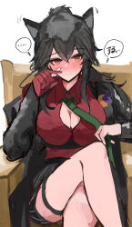 Rule 34 | ..., 1girl, absurdres, animal ears, arknights, black coat, black hair, black shorts, blush, breasts, button gap, cleavage, closed mouth, coat, collared shirt, commentary request, crossed legs, embarrassed, feet out of frame, gloves, green necktie, hair between eyes, hand on own face, hand up, highres, large breasts, long hair, long sleeves, motion lines, necktie, official alternate costume, open clothes, open coat, orange eyes, paid reward available, partial commentary, partially unbuttoned, red gloves, red shirt, shirt, shorts, sidelocks, simple background, single glove, sitting, sketch, solo, speech bubble, split mouth, spoken ellipsis, sunaneko, sweatdrop, texas (arknights), texas (willpower) (arknights), translation request, white background, wolf ears, wolf girl
