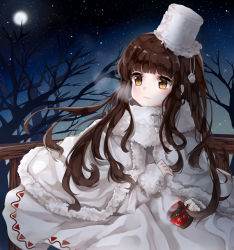 Rule 34 | 1girl, artist request, bad id, bad pixiv id, blush, bow, brown eyes, brown hair, capelet, coat, cocoa cookie, cookie run, cup, gloves, gomzi, hat, humanization, long hair, mug, non-web source, personification, print mug, smile, snowflake print, snowflakes, solo, source request, winter clothes, winter coat