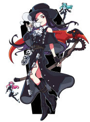 Rule 34 | 1boy, 2girls, androgynous, ascot, asymmetrical gloves, asymmetrical sleeves, bare shoulders, belt, black gloves, black hair, blue hair, blue sclera, boots, bright pupils, closed mouth, colored sclera, cup, demon girl, demon horns, fingerless gloves, full body, gloves, guilty gear, guilty gear strive, hair over one eye, hat, highres, holding, holding cup, holding scythe, horns, leg up, long hair, looking at viewer, mini person, minigirl, mismatched gloves, multiple girls, no pupils, off-shoulder shirt, off shoulder, one eye closed, outline, pink hair, pink sclera, red eyes, rem (tsulala), scythe, shirt, simple background, skull, smile, solo, teacup, testament (guilty gear), top hat, trap, white ascot, white background, white gloves, white outline, white pupils