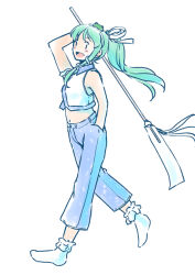 Rule 34 | 1girl, :d, adapted costume, alternate hairstyle, arm up, bare arms, bare shoulders, blue pants, blush, bobby socks, breasts, casual, commentary request, frills, full body, gohei, hand in pocket, happy, holding, holding stick, kochiya sanae, looking at viewer, midriff, navel, no shoes, open mouth, pants, ponytail, rangycrow, shirt, simple background, small breasts, smile, socks, solo, stick, touhou, walking, white background, white shirt, wing collar, | |