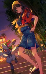 Rule 34 | 1girl, black hair, blue shirt, blue shorts, carmine (pokemon), closed mouth, cloud, commentary request, creatures (company), feet, game freak, gen 4 pokemon, hairband, hand on own hip, highres, hsin, japanese clothes, knees, long hair, looking at viewer, mask, mole, mole under eye, multicolored hair, night, nintendo, official alternate costume, orange eyes, outdoors, pokemon, pokemon (creature), pokemon sv, riolu, sandals, shirt, short sleeves, shorts, sky, stairs, standing, toenails, toes, yellow hairband
