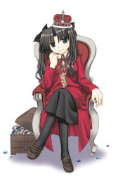 Rule 34 | 00s, 1girl, black hair, blue eyes, head rest, coat, crown, fate/stay night, fate (series), gem, hat, kanzaki karuna, crossed legs, pantyhose, red coat, sitting, solo, throne, tohsaka rin, treasure chest, twintails, two side up
