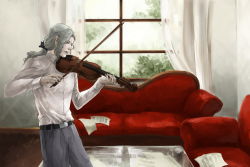 Rule 34 | 10s, 1boy, belt, bow, bow (music), collared shirt, couch, curtains, email555, grey hair, grey pants, hair bow, instrument, long hair, male focus, pale skin, pants, ponytail, red upholstery, scenery, sheet music, shirt, solo, standing, tiger &amp; bunny, violin, white shirt, window, yuri petrov