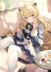 Rule 34 | 1girl, animal ears, bell, biscuit (bread), blonde hair, blue eyes, blush, bow, controller, couch, cup, dress, food, frilled dress, frilled sleeves, frills, game controller, gamepad, hair between eyes, hair ornament, hairband, highres, holding, holding controller, holding food, holding game controller, jingle bell, kanda done, lion ears, lion girl, lion tail, long hair, looking at viewer, noripro, on couch, plate, regrush lionheart, solo, tail, tail bow, tail ornament, teacup, thighhighs, virtual youtuber, white thighhighs, zettai ryouiki