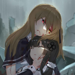 Rule 34 | 2girls, absurdres, artist name, assault lily, black capelet, black hair, black ribbon, black sleeves, blood, blood from mouth, blood on arm, blood on clothes, blood on face, blood on hands, blunt bangs, blurry, blurry background, brown hair, capelet, closed eyes, commentary request, cuts, day, detached sleeves, expressionless, feza chen (ushaku), flower knot, hair between eyes, hair ornament, hair ribbon, hair scrunchie, hand on another&#039;s cheek, hand on another&#039;s face, hand up, head tilt, heads together, heterochromia, highres, injury, kuo shenlin, long hair, looking away, multiple girls, one side up, outdoors, overcast, parted lips, rain, red eyes, ribbon, rubble, ruins, school uniform, scrunchie, shirt, signature, sky, torn capelet, torn clothes, upper body, wang yujia, water drop, wet, wet hair, white scrunchie, white shirt, yellow eyes, yuri, yurigaoka girls academy school uniform