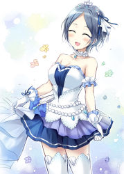 Rule 34 | 1girl, ^ ^, armband, bad id, bad pixiv id, bare shoulders, blue bow, blue hair, blue ribbon, blush, bow, breasts, cleavage, clock, closed eyes, collar, collarbone, dress, flower, frilled collar, frills, gloves, hair ribbon, hayami kanade, idolmaster, idolmaster cinderella girls, idolmaster cinderella girls starlight stage, jewelry, kuguri oimo, medium breasts, necklace, open mouth, parted bangs, pearl necklace, pendant, ribbon, short hair, smile, solo, thighs, tiara, white dress, white gloves