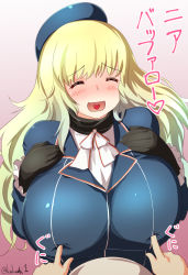 Rule 34 | 10s, 1girl, :d, atago (kancolle), beret, black gloves, blonde hair, blush, breast poke, breasts, commentary request, frilled sleeves, frills, full-face blush, gloves, hat, heart, heart in mouth, highres, huge breasts, kakudai (hujikolp), kantai collection, long hair, long sleeves, military, military uniform, open mouth, poking, smile, solo focus, translation request, twitter username, uniform