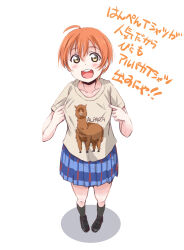 1girl ahoge alpaca animal black_footwear black_socks blush green_eyes highres hoshizora_rin loafers looking_at_viewer love_live! love_live!_school_idol_project maruyo open_mouth orange_hair otonokizaka_school_uniform pleated_skirt school_uniform shadow shirt shoes short_hair simple_background skirt socks t-shirt translation_request two-tone_skirt upper_body white_background