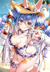 Rule 34 | 1girl, animal ear fluff, animal ears, beach, blue hair, blush, braid, breasts, carrot hair ornament, choker, food, food-themed hair ornament, frills, hair ornament, haruhina purple, hat, highres, holding, holding food, holding ice cream, hololive, ice cream, jacket, jewelry, long hair, long sleeves, looking at viewer, medium breasts, multicolored hair, nail polish, necklace, one-piece swimsuit, open clothes, open jacket, orange eyes, outdoors, palm leaf, pekomon (usada pekora), rabbit ears, rabbit girl, rabbit tail, smile, solo, star (symbol), sun hat, swimsuit, tail, tattoo, thick eyebrows, twin braids, twintails, two-tone hair, usada pekora, v, virtual youtuber, white choker, white hair, white jacket, white one-piece swimsuit