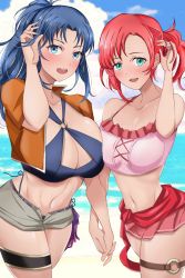 Rule 34 | 2girls, alternate costume, beach, blue eyes, blue hair, breasts, cleavage, fire emblem, fire emblem: mystery of the emblem, fire emblem: new mystery of the emblem, fire emblem heroes, green eyes, highres, holding hands, kris (female) (fire emblem), kris (fire emblem), looking at viewer, multiple girls, nintendo, norne (fire emblem), official alternate costume, outdoors, red hair, swimsuit, toshimasa