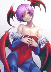 Rule 34 | animal print, bare shoulders, bat print, bat wings, cleavage cutout, clothing cutout, covered navel, demon girl, elbow gloves, fingers together, flat chest, fur trim, gloves, gradient background, grin, hair between eyes, head tilt, head wings, highleg, highleg leotard, highres, leotard, lilith aensland, looking at viewer, open mouth, pantyhose, print legwear, purple hair, re (re 09), red eyes, red leotard, short hair, simple background, smile, vampire (game), white background, wings
