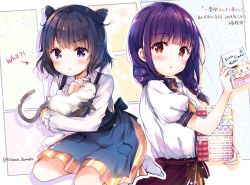 Rule 34 | 2girls, :&lt;, animal, animal hug, apron, arrow (symbol), black hair, blue apron, blush, book, book stack, braid, brown eyes, brown neckwear, cat, closed mouth, collared shirt, commentary request, fingernails, flower, hair flower, hair ornament, hair over shoulder, hisama kumako, holding, holding book, long hair, long sleeves, looking at viewer, low twintails, manga time kirara, multiple girls, no shoes, original, parted lips, pleated skirt, purple eyes, purple flower, purple hair, shirt, sitting, skirt, socks, striped clothes, striped skirt, translation request, twin braids, twintails, twitter username, two side up, vertical-striped clothes, vertical-striped skirt, wariza, white legwear, white shirt, yellow skirt