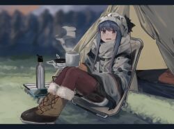 Rule 34 | 1girl, absurdres, beanie, blue hair, blush, boots, brown footwear, cellphone, cup, full body, fur-trimmed boots, fur trim, hat, highres, holding, holding cup, jacket, long hair, long sleeves, looking at viewer, maegami (daisuki oekaki1), open mouth, phone, purple eyes, shima rin, smartphone, solo, tent, white hat, white jacket, yurucamp