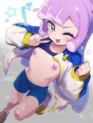Rule 34 | 1girl, atte nanakusa, bike shorts, blue hair, blue shorts, blush, breasts, female focus, green eyes, highres, jacket, long hair, long sleeves, looking at viewer, one eye closed, open clothes, open jacket, open mouth, pasties, pink hair, puniru (puniru wa kawaii slime), puniru wa kawaii slime, shoes, shorts, small breasts, sneakers, solo, standing, standing on one leg, star (symbol), v, white jacket