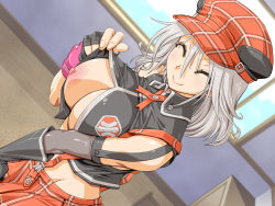 Rule 34 | 1girl, alisa ilinichina amiella, amano mitsurugi, black vest, blush, breasts, cabbie hat, closed mouth, cloud, cowboy shot, cropped vest, day, closed eyes, female focus, flashing, from above, gloves, god eater, hair between eyes, happy, hat, highres, indoors, large breasts, light blush, medium hair, midriff, nipples, nose blush, one breast out, plaid headwear, silver hair, skirt, sky, smile, solo, standing, suspender skirt, suspenders, vest, window