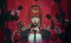 Rule 34 | black jacket, black necktie, chainsaw man, collared shirt, corded phone, disembodied limb, formal, highres, holding, holding phone, jacket, looking at viewer, makima (chainsaw man), medium hair, necktie, phone, phoneafrog, red hair, red theme, ringed eyes, shirt, sidelocks, solo focus, suit, suit jacket, twitter username, white shirt, yellow eyes