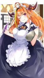 Rule 34 | 1girl, ahoge, alternate costume, apron, black dress, blonde hair, blurry, blurry background, blush, bow, breasts, brooch, closed mouth, commentary, cowboy shot, diagonal-striped bow, dragon horns, dragon tail, dress, enmaided, hairband, highres, holding, holding tray, hololive, horn bow, horn ornament, horns, indoors, jewelry, kiryu coco, large breasts, lips, long hair, looking at viewer, maid, maid apron, maid headdress, multicolored hair, one eye closed, orange hair, pointy ears, red eyes, sidelocks, skirt hold, smile, solo, striped, tail, tray, two-tone hair, virtual youtuber, yuyaiyaui
