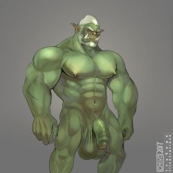 Rule 34 | 1boy, abs, bara, beard, chivo (kalchivo), colored skin, completely nude, facial hair, fangs, feet out of frame, foreskin, green skin, highres, large pectorals, large penis, large testicles, male focus, mature male, monster boy, muscular, muscular male, navel, nipples, nude, orc, original, pectorals, penis, short hair, solo, standing, stomach, testicles, uncensored, white hair