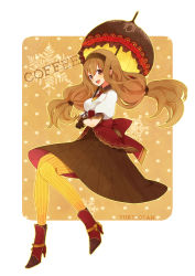 Rule 34 | 1girl, :d, bad id, bad pixiv id, boots, brown eyes, brown gloves, brown hair, brown skirt, character name, gloves, hairband, invisible chair, long hair, open mouth, original, over shoulder, pantyhose, parasol, red footwear, sitting, skirt, smile, snowflakes, solo, striped clothes, striped pantyhose, umbrella, vertical-striped clothes, vertical-striped pantyhose, yellow pantyhose, yukico-tan, yukijirushi, yy888s