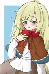 Rule 34 | 1girl, ahoge, apron, blonde hair, blue eyes, blue trim, blush, bow, bowtie, brown capelet, capelet, grey skirt, hand up, highres, lania (maplestory), long hair, long sleeves, maplestory, open mouth, red bow, red bowtie, skirt, solo, swept bangs, very long hair, white apron, yukiwanabiku