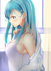 Rule 34 | 10s, 1girl, absurdres, aqua hair, black eyes, blush, breasts, byte (allbyte), from side, gradient background, hair ornament, hairclip, highres, kantai collection, long hair, shizuka (deatennsi), solo, striped, striped background, suzuya (kancolle), tank top, undressing, upper body