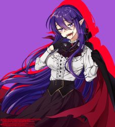 Rule 34 | 1girl, :d, ascot, bat hair ornament, black ascot, black cape, black gloves, blood, blood stain, breasts, cape, center frills, commentary request, dated, doki doki literature club, fangs, frilled shirt collar, frills, gloves, hair between eyes, hair ornament, hairclip, halloween, highres, large breasts, long hair, long sleeves, looking at viewer, nan (gokurou), open mouth, pointy ears, purple background, purple eyes, purple hair, red cape, shirt, simple background, skirt, smile, solo, two-sided cape, two-sided fabric, vampire, very long hair, watermark, white shirt, yuri (doki doki literature club)