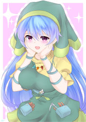 Rule 34 | 1girl, apron, arm ribbon, blue hair, blue ribbon, blush, bow, breasts, brush, dress, eyes visible through hair, floral print, flower, green apron, green bow, green headwear, green scarf, hair between eyes, hands on own face, hands up, haniyasushin keiki, head scarf, highres, jewelry, large breasts, leaf, long hair, looking to the side, magatama, mishihura393, necklace, open mouth, pink background, pink eyes, pocket, puffy short sleeves, puffy sleeves, ribbon, scarf, shadow, short sleeves, signature, smile, solo, sparkle, standing, star (symbol), striped, striped background, tools, touhou, white background, white flower, yellow dress